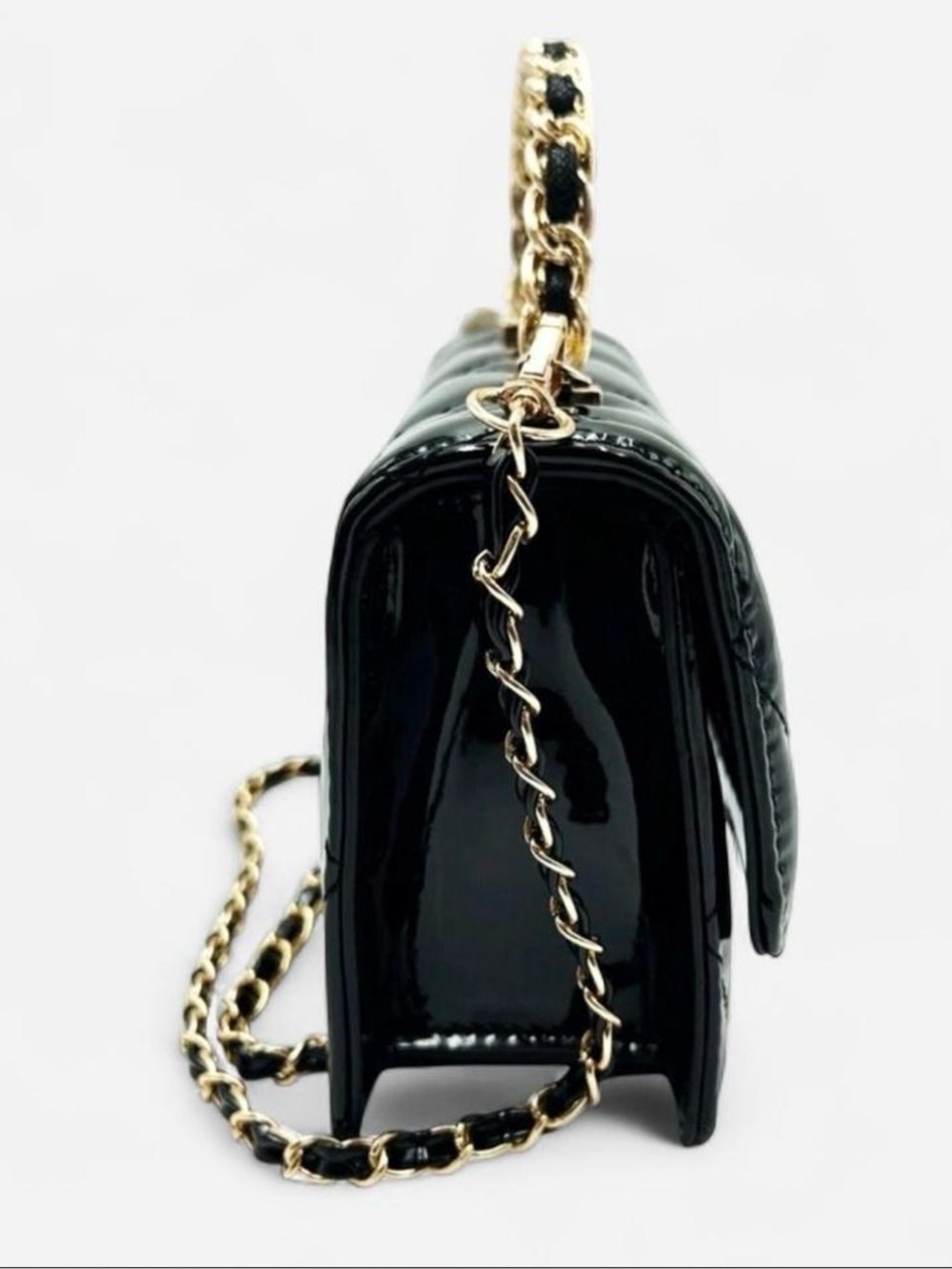 Valentino Orlandi Black Patent Quilted Mini Top-Handle Bag with Gold Hardware - Picture 3 of 6